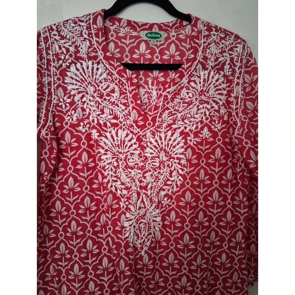 Dolma Womens Red White Block Print Embroidered Cotton Tunic Top Size S Boho - Picture 3 of 6